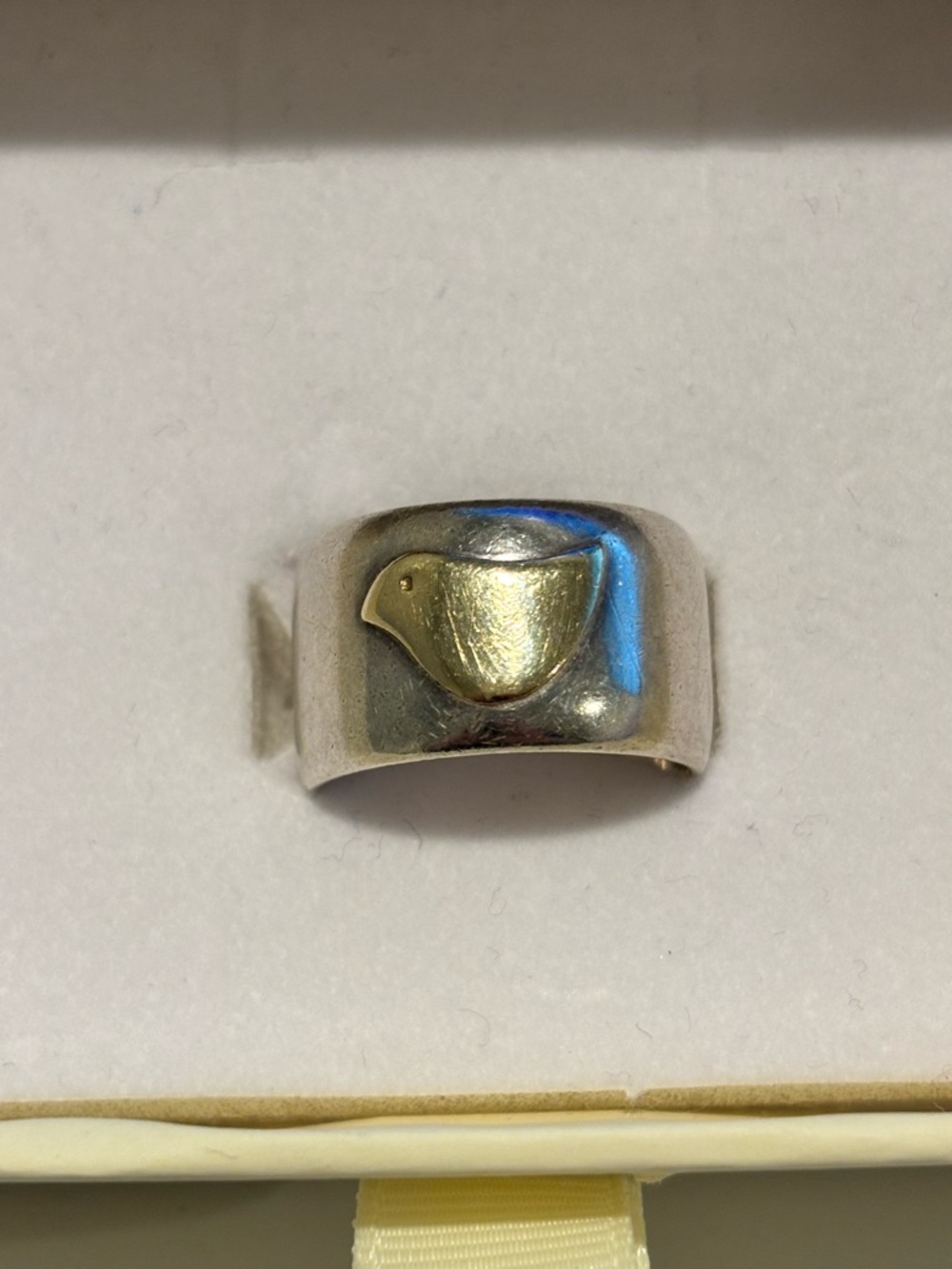 Sterling Silver Wide Band Ring with real Gold Bird Accent ( size 9)